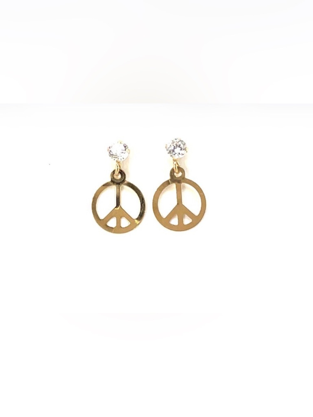 Gold Peace Sign Drop Earrings with Crystal Studs